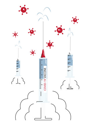 Covid-19 vaccine rocket concept isolated on white. Syringe with antivirus attacking coronavirus. World treatment and social humanitarian health care. Vaccination equipment. Vector flat illustrationのイラスト素材