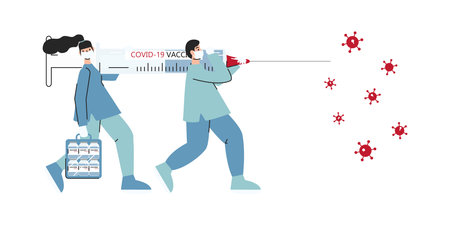 Doctors with big syringe and case with vaccine running to fight with coronavirus. Vaccination campaign. Cure and treatment for COVID-19 infection. Healthcare, medical team. Vector flat illustrationのイラスト素材