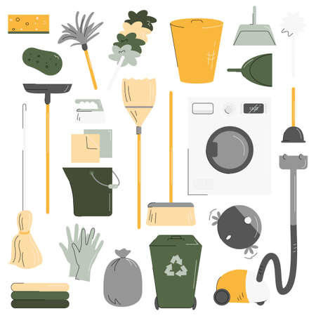 Cleaning service tool collection isolated on white. Seasonal spring housework after winter. Set of equipment: washing machine, detergents, housekeeping things for clean house, Vector flat illustrationのイラスト素材