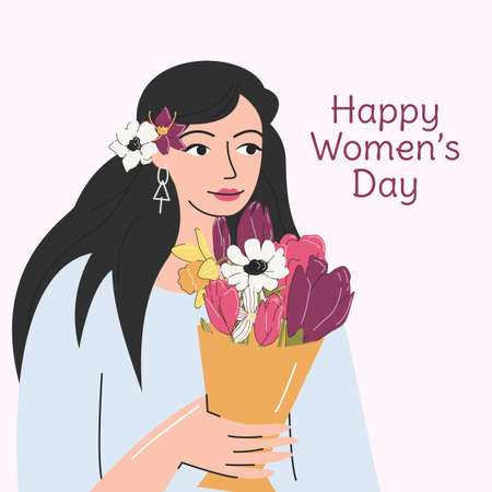 Square greeting card with young woman and bouquet. Happy international women's or mother's day concept. Handsome girl holding flowers in craft packaging. Springtime design. Vector flat illustrationのイラスト素材