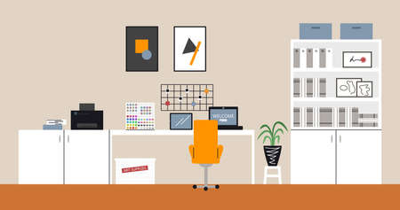Modern minimalist workspace for designer freelancer. Remote job in pandemic period. Home interior with working zone with desk, laptop, printer for student or programmer. Vector flat line illustrationのイラスト素材