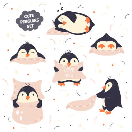 Scandinavian cute funny penguins set isolated. Adorable arctic chubby bird. Trendy design elements for nursery, baby apparel, stickers. Animal illustration poster. Vector flat cartoon childish drawingのイラスト素材