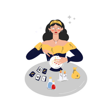 Gypsy fortune teller with crystal ball, tarot cards, jars with potions, candles and pouch. Pretty mystic woman oracle seeing and predicting future. Vector trendy flat cartoon illustration isolatedのイラスト素材