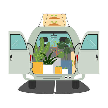 Van trunk is open and full of houseplants and land. Automobile has monstera, succulent, aloe for greenhouse, garden, orangery. Shopping in botanical and floral market. Vector flat cartoon illustrationのイラスト素材