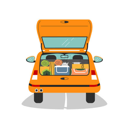 Car trunk is open and full of camping equipment. Automobile, back view with tent, sleeping bag, dishware, picnic fridge, grill grid. Travel by car concept. Vector flat cartoon illustration isolatedのイラスト素材