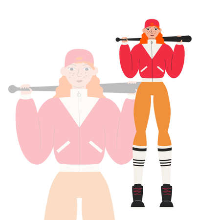 Full body female baseball player with black bat isolated. Cute young woman in retro-sport uniform. Good-looking girl standing up and holding baseball bat on shoulders. Vector flat fashion illustrationのイラスト素材