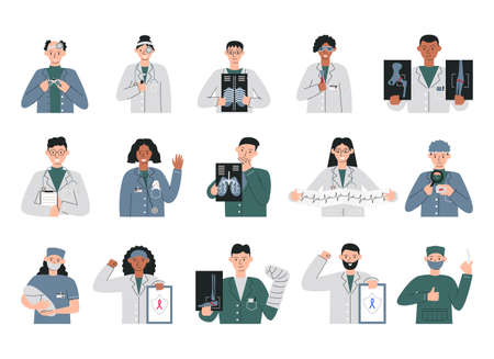 Group of different specializations doctors isolated. Collection including hospital workers in uniform with equipment and checkup results. Variety of medical staff team. Vector flat line illustrationのイラスト素材