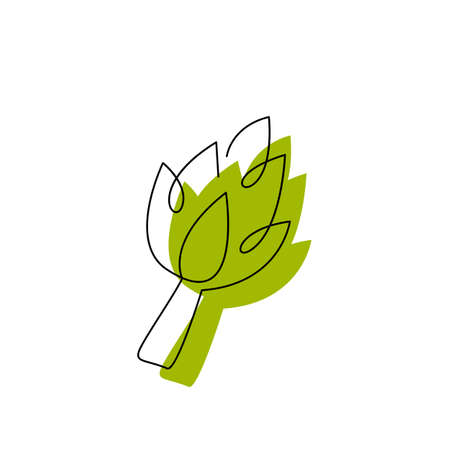 Artichoke contour drawing with abstract color spot isolated on white. One line continuous vegetable concept design. Organic food like minimalist print. hand drawn linear flat vector illustrationのイラスト素材