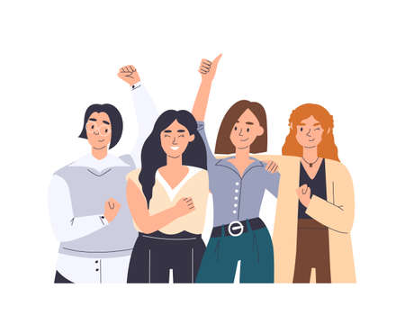 Businesswomen team achieved goal. Happy and excited female characters celebrate victory. Girl power concept for international women's day and women's history month. Vector hand drawn flat illustrationのイラスト素材