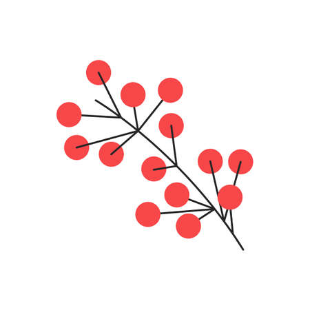 Sorbus branch with mature ash berries. Decorative botanical element isolated on white. Rowan-berry twig with red fruits. Simple single sorb tree part silhouette. Hand drawn flat vector illustrationのイラスト素材