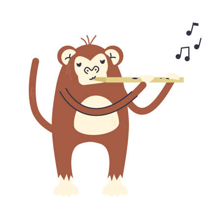 Cute little ape playing music. Nursery animal with musical instrument. Childish character print concept design. Funny creative chimp baby animal. Hand drawn flat vector illustration isolated on whiteのイラスト素材
