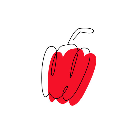 Paprika vegetable in continuous art drawing style isolated. Bell pepper one line with abstract color spot. Red sweet pepper minimalist silhouette concept design. Hand drawn flat vector illustrationのイラスト素材