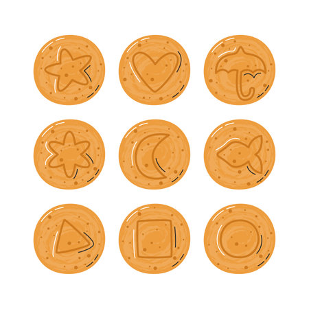 Dalgona sponge candies collection isolated on white. Korean ppopgi sugar honeycomb set. Asian retro dessert with melted sugar and baking soda. Popular street snack hand drawn flat vector illustrationのイラスト素材