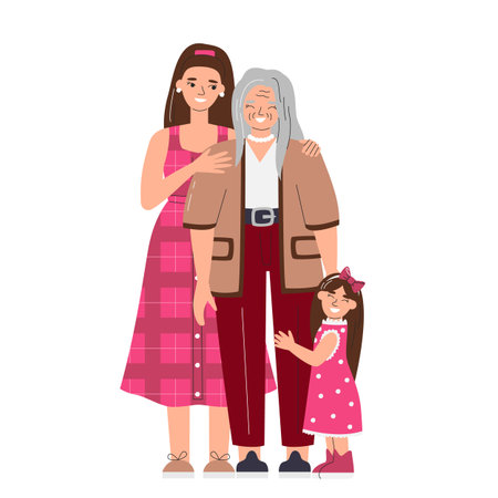 Three generations of women together. Happy bonding relationship characters isolated. Family hugging each other concept for mother's day. Holiday hand drawn flat vector illustrationのイラスト素材