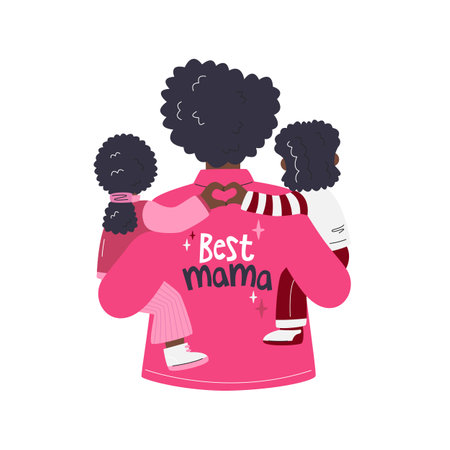 Best mom ever holiday concept. African american mother holding her kids. Black mom cuddling son and daughter. Cute mummy with children lettering. Mother's day hand drawn flat vector illustrationのイラスト素材