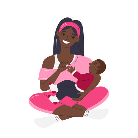 African american mom sitting on floor and holding baby boy. Cute moment of maternity leave. Black mommy touching hand of toddler son. Modern mother's day hand drawn flat vector illustration isolatedのイラスト素材