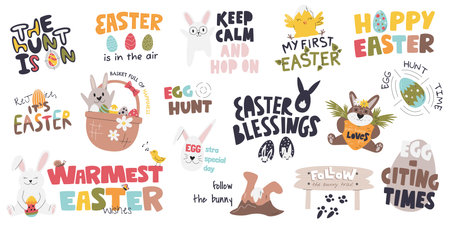 Easter cute phrases with bunnies and eggs. Handwritten lettering collection for spring seasonal religious holiday. Festive quotes set with animals. Hand drawn flat vector illustration isolatedのイラスト素材