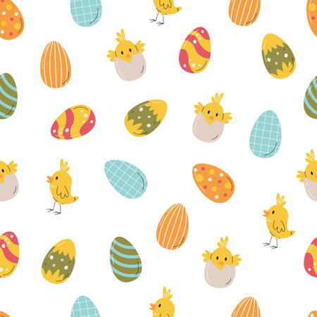 Cute chick appears from egg. Easter traditional symbols pattern design. Seamless background graphic print. Colorful easter eggs decorative concept. Hand drawn flat vector illustration isolatedのイラスト素材