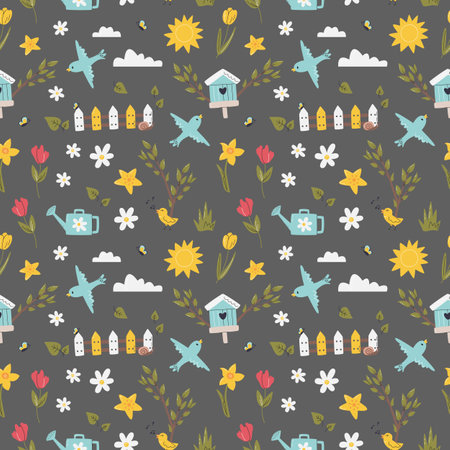 Seasonal pattern with springtime theme symbols. Gardening season seamless design with birdhouse. Floral repeated background. Hand drawn flat vector illustration with birds and blooming flowersのイラスト素材