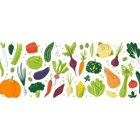 Horizontal composition of different vegetables. Veggies design concept in the middle. Banner template with negative space. Farm food isolated on white background. Hand drawn flat vector illustrationのイラスト素材