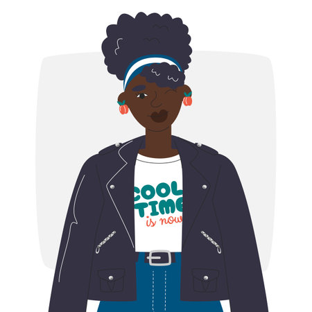 Handsome black girl in rockstar style outfit. African american female character cover design. beauty woman profile avatar. lady portrait of poster wall art. Fashion hand drawn flat vector illustrationのイラスト素材