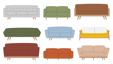 Trendy sofa collection isolated on white. Living room different cushions in mid-century style. Various retro armchairs of the 50s. Cozy sofas of 60s. Modern couch set hand drawn flat vector illustrationのイラスト素材