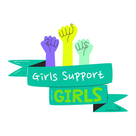 Girls support girls with fists up. Handwritten lettering design with hands and ribbon. World campaign slogan of female solidarity. Feminist conceptual graphic hand drawn flat vector illustrationのイラスト素材