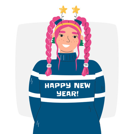 Young adult female character with pink braids. Freckled woman in ugly sweater outfit. American traditional family and friends party. Body positive girl portrait hand drawn flat vector illustrationのイラスト素材