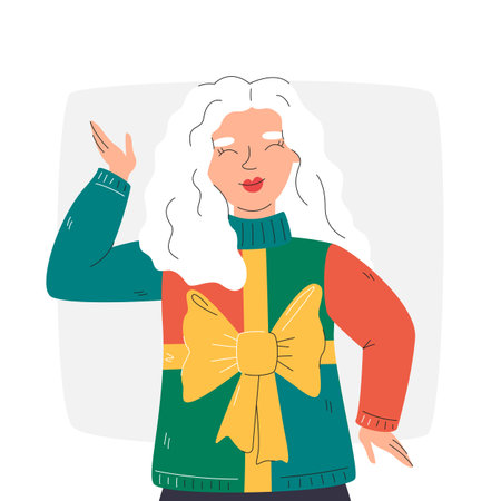 Christmas female character in ugly sweater outfit. Cute young woman with wavy hair. Person enjoying in traditional American annual family party. Funny girl portrait hand drawn flat vector illustrationのイラスト素材