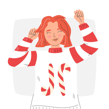 Joyful christmas female character. Young girl having fun in ugly sweater with couple of candy canes. Cute personage portarit concept design. Red haired happy woman hand drawn flat vector illustrationのイラスト素材