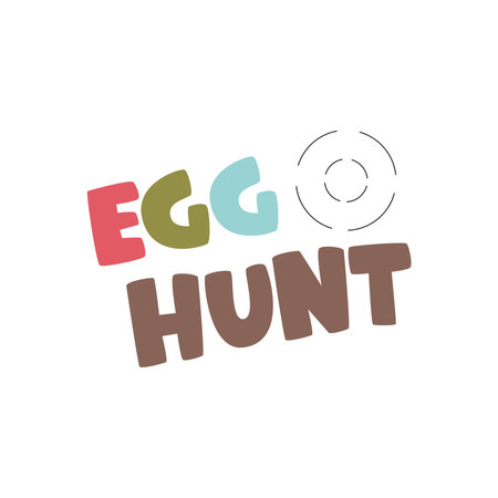 Egg hunt handwritten quote with aim. Colorful festive lettering. Easter childish game description design concept. Seasonal cute tradition. Easter hand drawn flat vector illustration isolated on whiteのイラスト素材