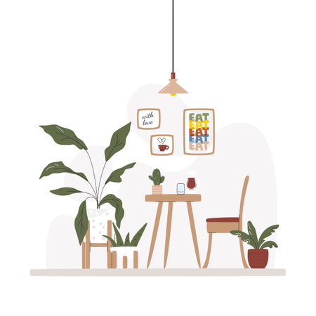 Mid century modern style dining room. Minimal furniture and many plants and wall poster art. Kitchen interior design scene. Authentic cafe hand drawn flat vector illustration on abstract backgroundのイラスト素材