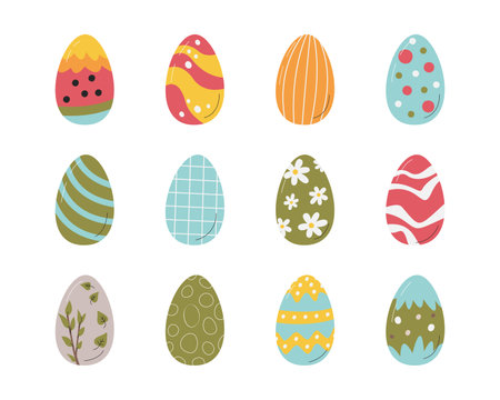 Painted easter eggs collection. Chocolate eggs for easter game egg hunt. Festive design elements isolated. Cute religious graphics. Colorful traditional symbols set hand drawn flat vector illustrationのイラスト素材