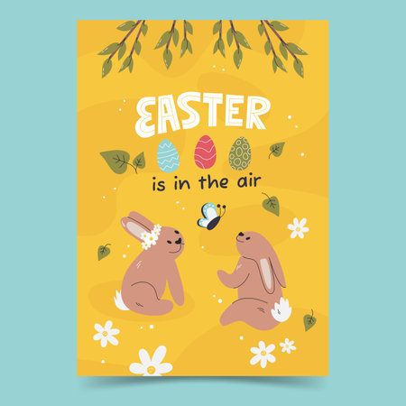 Traditional spring festival poster with bunnies and branches. Easter flyer invitation with handwritten lettering and eggs. Banner template design.のイラスト素材