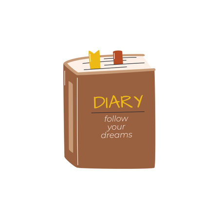 Diary organizer concept design. Notepad with bookmarks isolated on white. Closed notebook follow your dreams sticker. Daily notes graphic element. Personal planner hand drawn flat vector illustrationのイラスト素材