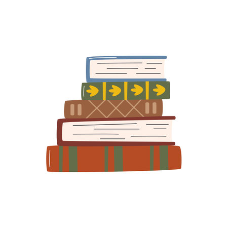 Vector illustration of pile of books in hand drawn flat style. Stack of five textbooks isolated on white background. Education and learning concept. Reading time sticker design. International book dayのイラスト素材