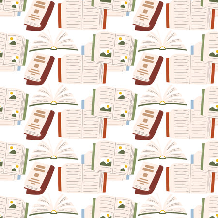 Chaos of opened books repeating background square composition. Education seamless pattern in hand drawn flat style. Vector illustration of messy stack of textbooks. Study and reading concept designのイラスト素材