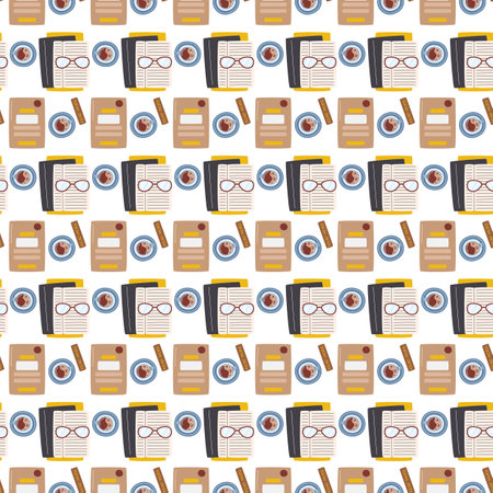 Office documents and folder with coffee cups. Pile of notebooks with glasses isolated on white background. Business seamless pattern concept design. Stack of books hand drawn flat vector illustrationのイラスト素材