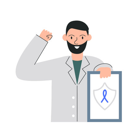 Man urologist holding baby result of cancer study. Male young doctor showing be strong. Medical worker character portrait isolated on white. Therapist venereologist hand drawn flat vector illustrationのイラスト素材