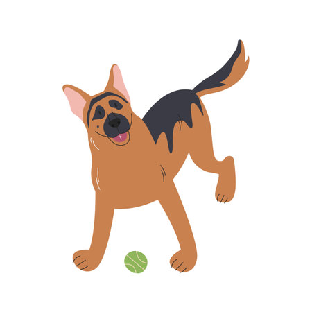 German shepherd breed puppy with open mouth waiting to play. Cute adult sheepdog with tennis ball. Cartoon canine domestic pet character. Doggy hand drawn flat vector illustration isolated on whiteのイラスト素材