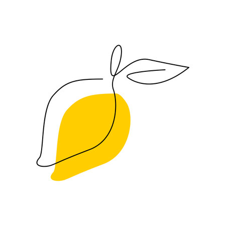 Lemon black contour drawing with abstract color spot. Acid fruit minimalist silhouette drawing style. Logo concept design in continuous one line art. Vitamin C hand drawn flat vector illustrationのイラスト素材