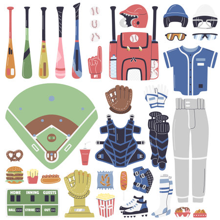 Baseball professional equipment set with catcher's uniform. Popular stadium junky fast food. Court field match map and inventory elements isolated. US outdoor sport hand drawn flat vector illustrationのイラスト素材