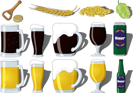 International beer day illustration vector set containing light and dark beer, beer mug, goblet, glass, bottle and can. Set with beer opener, beer cap, hop, malt and barleyのイラスト素材