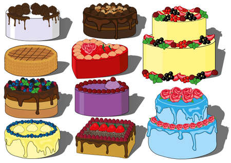 Cream cakes vector set, fruit, chocolate, nuts, honey cakes. Wedding cake, birthday cake, Saint Valentine`s Day cake, holiday cake, cream rose, cream decorationsのイラスト素材