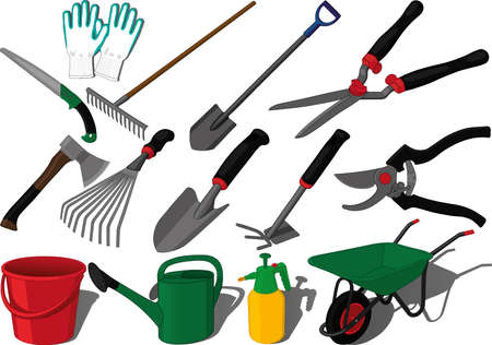 Garden farm kaleyard tools vector set, summer working, olericulture, orchardin, pomiculture, fruit-growing, vegetable-growing, plant care, growing flowers using tools likeのイラスト素材