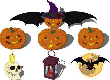 Halloween All Hallows` Eve All Saints` Eve illustration vector set with smiling nightmare pumpkin lamps, skull and candle, spider, spider net, full moon and bat, pumpkin with wings and in witch`s hatのイラスト素材