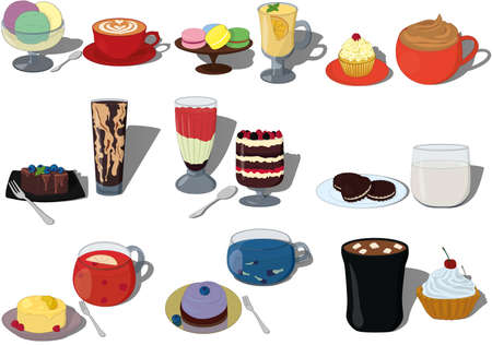Vector illustration set of pairs sweet desserts and drinksのイラスト素材