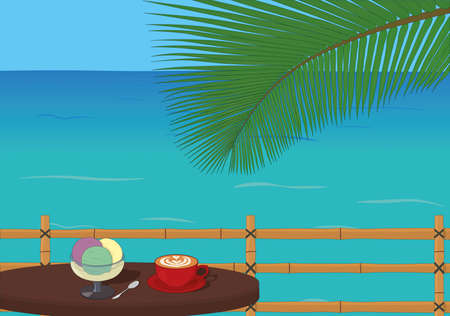 Dessert and coffee at a table by the seaのイラスト素材