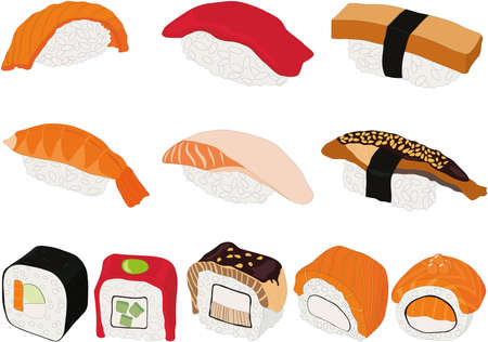 Sushi and roll different types and ingredients vector illustration setのイラスト素材
