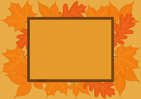 Autumn fall background with wooden frame and yellow red leaves vector illustrationのイラスト素材
